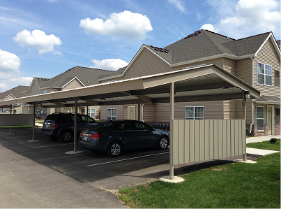 Tan commercial carport outside of apartment building
